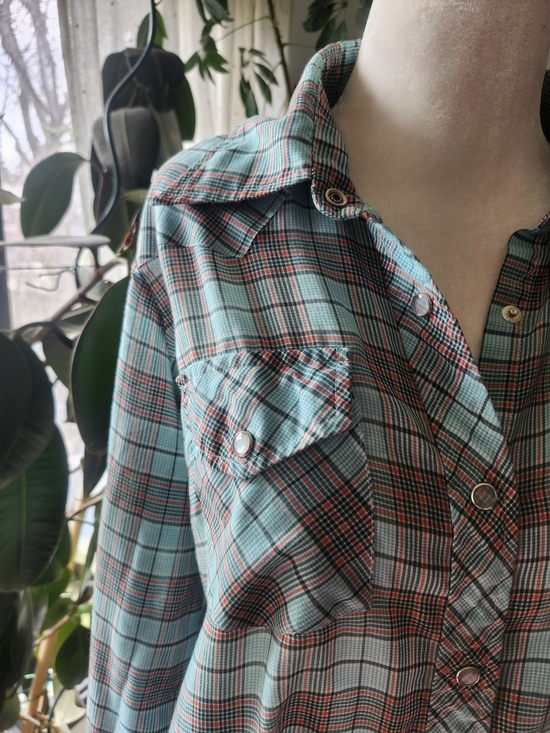 Vintage Tops - Vintage 70s Teal Plaid Snap-Front Shirt Western Soft Flowy XL